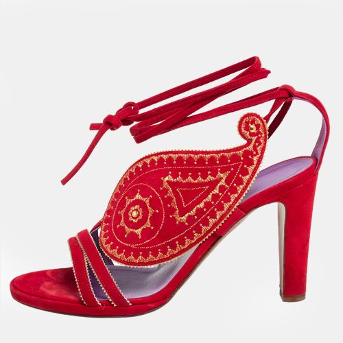 Hermes Size 39.5 Red Suede Embroidered Motif Ankle Tie Up Sandals - Hermes - Modalova