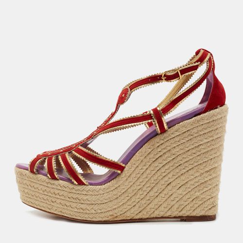 Hermes Red/Gold Suede and Leather Espadrille Wedge Sandals Size 41 - Hermes - Modalova