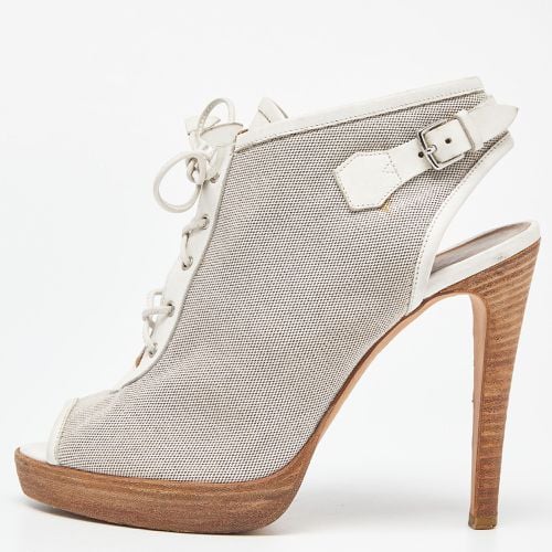 Hermes Grey/White Canvas and Leather Peep Toe Lace Up Slingback Booties Size 39 - Hermes - Modalova