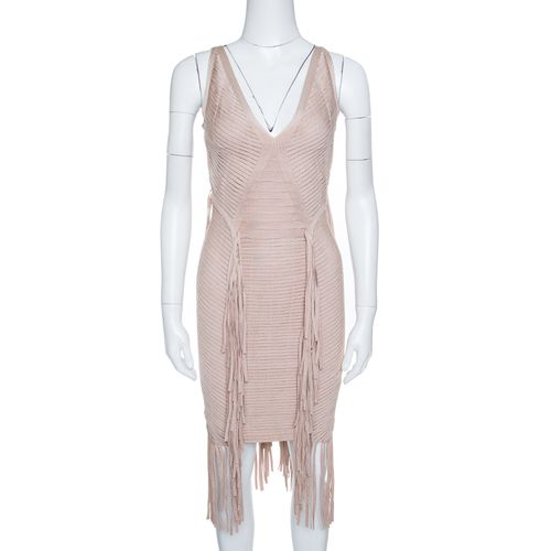 Herve Leger Beige Fringed Sleeveless Bandage Dress S - Herve Leger - Modalova