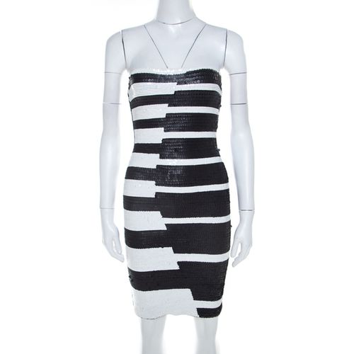 Hervé Leger Black and White Sequined Piano Strapless Cocktail Dress XS - Herve Leger - Modalova