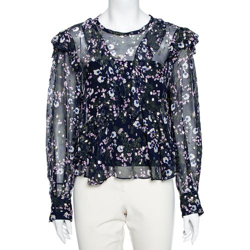 Isabel Marant Navy Blue Floral Printed Silk & Lurex Ruffle Trimmed Blouse S - Isabel Marant - Modalova