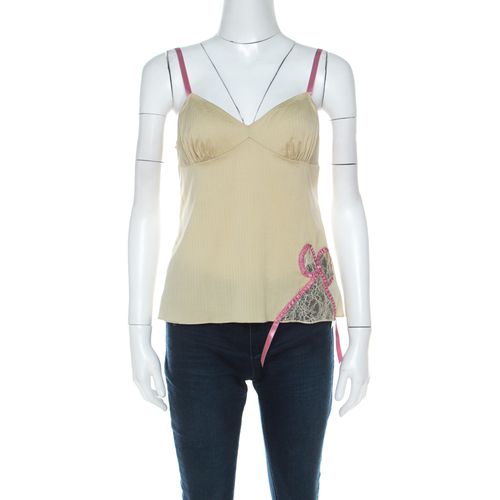 John Galliano Green Stretch Cotton and Lace Bow Detail Camisole Top M - John Galliano - Modalova