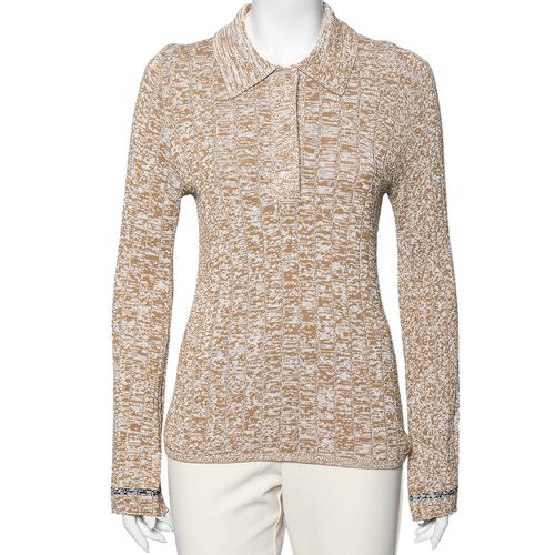 Joseph Beige Patterned Ribbed Knit Long Sleeve Polo Sweater L - Joseph - Modalova