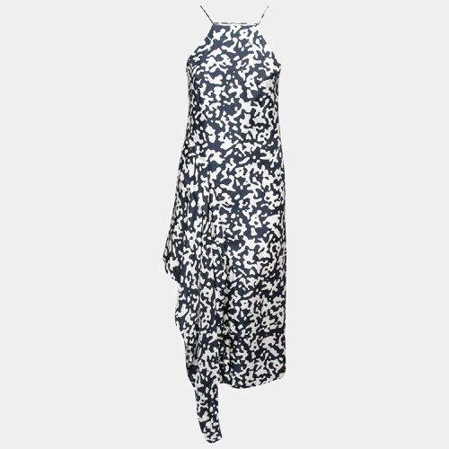 Josh Goot Navy Blue and White Printed Silk Side Bustle Dress XS - Josh Goot - Modalova