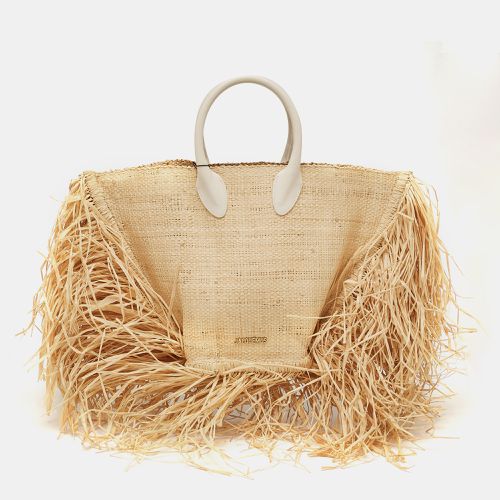 Jacquemus Beige Woven Raffia and Leather Le Baci Fringe Tote - Jacquemus - Modalova