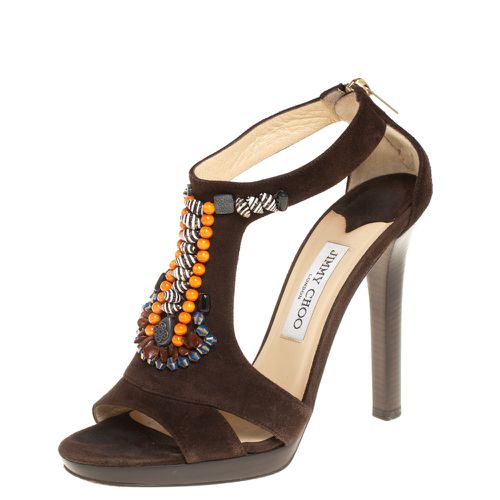 Jimmy Choo Brown Suede Beaded T-strap Tribal Sandals Size 38.5 - Jimmy Choo - Modalova