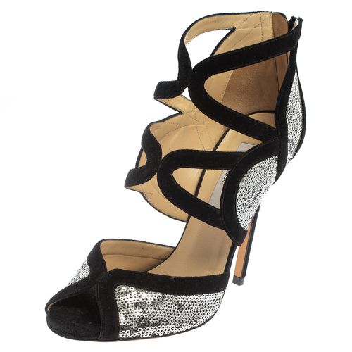 Jimmy Choo Silver/Black Suede and Sequins Tempest Sandals Size 38.5 - Jimmy Choo - Modalova