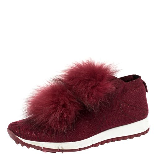 Jimmy Choo Burgundy Knit Fabric And Fur Pom Pom Norway Sneakers Size 38 - Jimmy Choo - Modalova