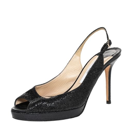 Jimmy Choo Black Glitter And Lurex Fabric Nova Peep Toe Slingback Sandals Size 38 - Jimmy Choo - Modalova