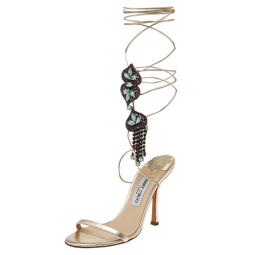 Jimmy Choo Metallic Beige Leather Crystal Embellished Tie Up Sandals Size 38 - Jimmy Choo - Modalova