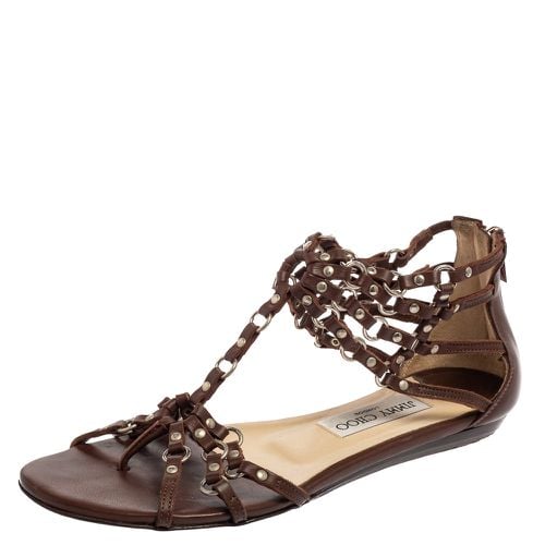 Jimmy Choo Brown Leather Studded Caged T-Strap Flat Sandals Size 37.5 - Jimmy Choo - Modalova