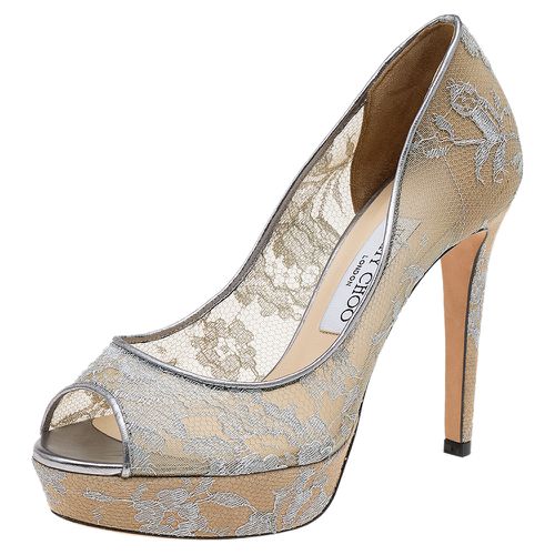 Jimmy Choo Metallic Silver Lace Dahlia Peep Toe Platform Pumps Size 37.5 - Jimmy Choo - Modalova