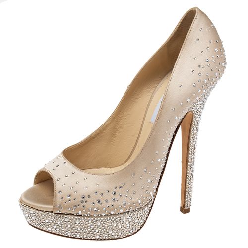 Jimmy Choo Beige Crystal Embellished Satin Peep-Toe Platform Pumps Size 39 - Jimmy Choo - Modalova