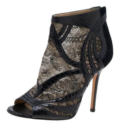 Jimmy Choo Black Snakeskin and Lace Peep Toe Booties Size 37.5 - Jimmy Choo - Modalova