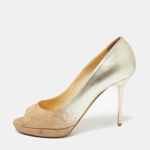 Jimmy Choo Beige/Gold Suede and Leather Peep-Toe Platform Pumps Size 37.5 - Jimmy Choo - Modalova