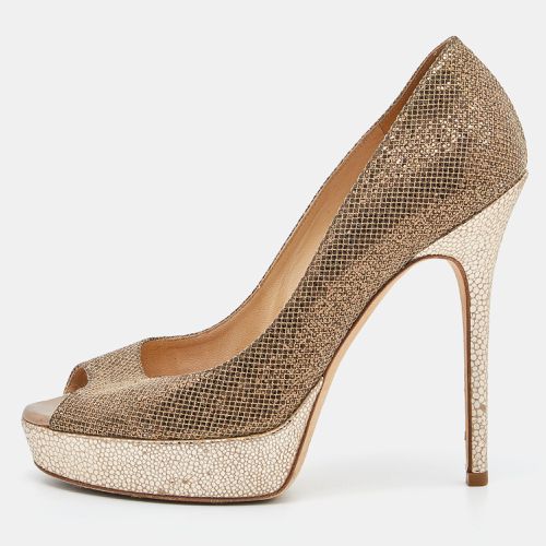 Jimmy Choo Gold Glitter Lamè Fabric Dahlia Platform Peep Toe Pumps Size 37.5 - Jimmy Choo - Modalova