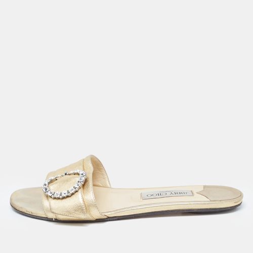 Jimmy Choo Gold Leather Crystal Embellished Buckle Flat Slides Size 40 - Jimmy Choo - Modalova