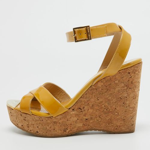 Jimmy Choo Yellow Patent Leather Cork Wedge Ankle Strap Sandals Size 39.5 - Jimmy Choo - Modalova