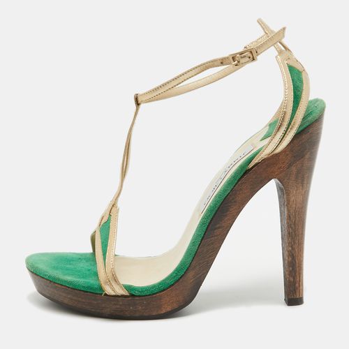 Jimmy Choo Green/Gold Suede and Leather T-Bar Ankle Strap Sandals Size 39 - Jimmy Choo - Modalova