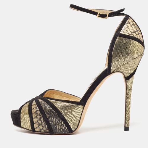 Jimmy Choo Black Suede and Gold Python Leather Kalpa Ankle Strap Sandals Size 39.5 - Jimmy Choo - Modalova