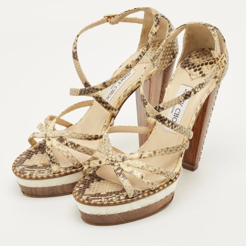 Size 38 Cream /Brown Python Embossed Leather Ankle Strap Sandals - Jimmy Choo - Modalova