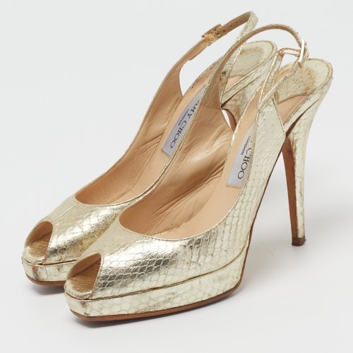 Size 37.5 Python Embossed Leather Peep Toe Slingback Sandals - Jimmy Choo - Modalova