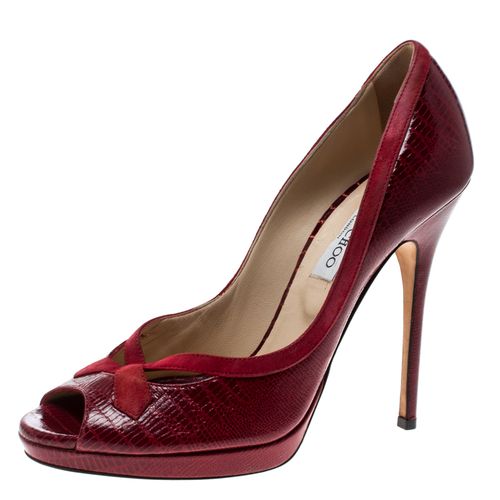 Jimmy Choo Red Embossed Lizard Patent Leather And Suede Trim Peep Toe Platform Pumps Size 40 - Jimmy Choo - Modalova