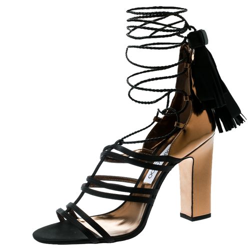 Jimmy Choo Black Satin and Metallic Bronze Leather Diamond Ankle Tie Up Sandals Size 40 - Jimmy Choo - Modalova