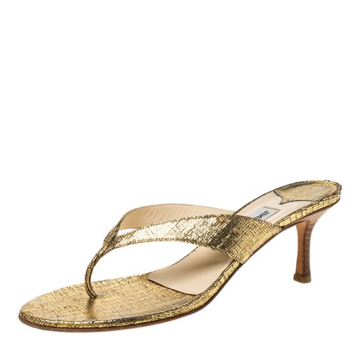 Jimmy Choo Gold Textured Leather Thong Wooden Heel Sandals Size 39.5 - Jimmy Choo - Modalova