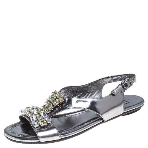 Jimmy Choo Silver Metallic Crystal Embellished Patent Leather Slingback Flat Sandals Size 36 - Jimmy Choo - Modalova