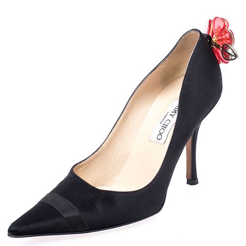 Jimmy Choo Black Satin Plastic Flower Clip Pointed Toe Pumps Size 37 - Jimmy Choo - Modalova