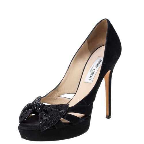 Jimmy Choo Black Suede Taja Crystal Embellished Bow Peep Toe Pumps Size 38 - Jimmy Choo - Modalova