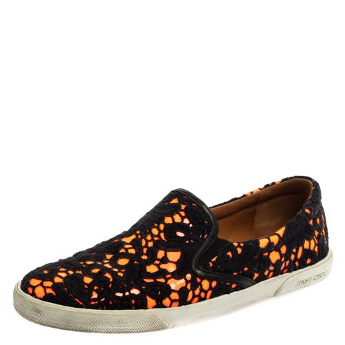 Jimmy Choo Black/Neon Orange Lace and Patent Leather Demi Slip-On Sneakers Size 39.5 - Jimmy Choo - Modalova