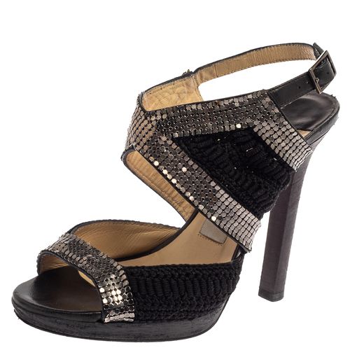 Jimmy Choo Black Crochet Fabric Embellished Slingback Sandals Size 37 - Jimmy Choo - Modalova