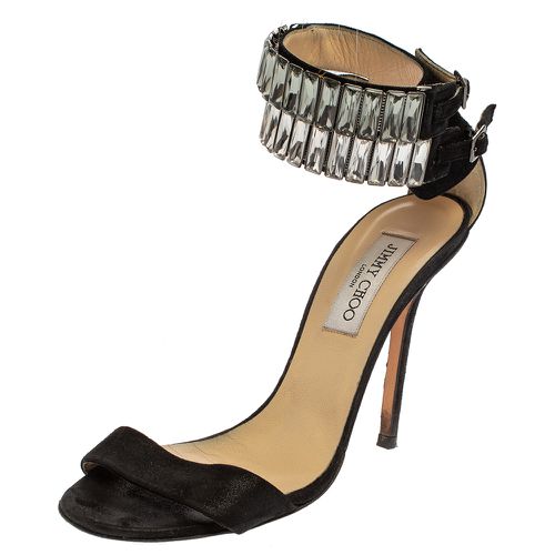 Jimmy Choo Black Glitter Nubuck Crystal Embellished Ankle Cuff Sandals Size 38.5 - Jimmy Choo - Modalova