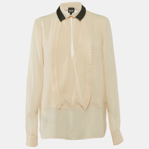 Just Cavalli Cream Crepe Pleated Ruffle Sheer Blouse M - Just Cavalli - Modalova