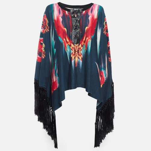 Just Cavalli Navy Blue Printed Knit Fringed Lace-Up Poncho Top M - Just Cavalli - Modalova