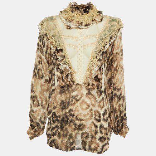 Just Cavalli Beige Animal Print Silk Lace Trim Ruffled Top S - Just Cavalli - Modalova