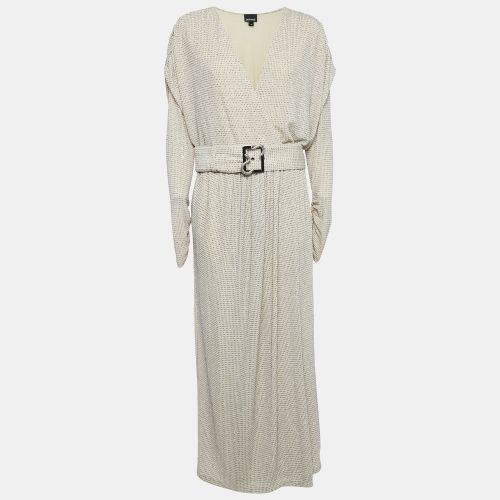 Just Cavalli Cream Glitter Embellished Jersey Belted Wrap Style Maxi Dress L - Just Cavalli - Modalova