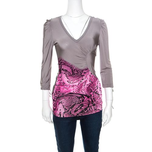 Just Cavalli Grey and Pink Animal Printed Ruched Long Sleeve Top S - Just Cavalli - Modalova