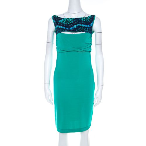 Just Cavalli Green Stretch Knit Snakeskin Print Cut Out Yoke Detail Sleeveless Dress L - Just Cavalli - Modalova