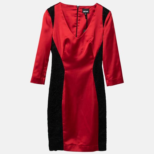 Just Cavalli Dark Red Stretch Satin Contrast Lace Paneled V Neck Sheath Dress S - Just Cavalli - Modalova