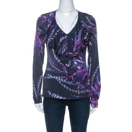 Just Cavalli Navy Blue & Purple Printed Stretch Ruffle Collar Detail Top M - Just Cavalli - Modalova