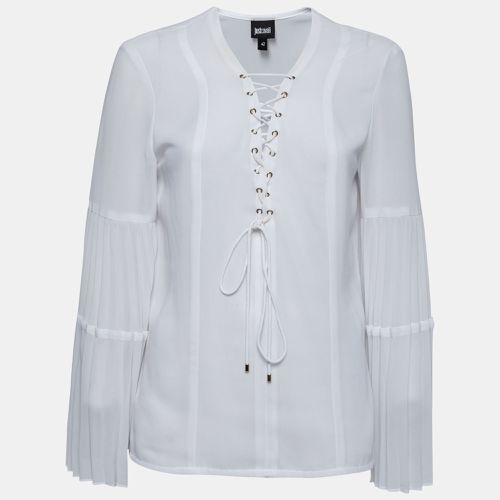 Just Cavalli White Crepe Lace-Up Detail Flute Sleeve Blouse M - Just Cavalli - Modalova