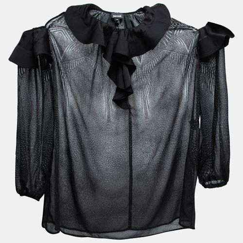 Just Cavalli Black Printed Chiffon Ruffle Trimmed Cold Shoulder Blouse M - Just Cavalli - Modalova