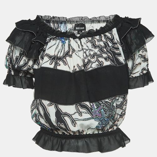 Just Cavalli White/Black Printed Crepe Ruffled Off-Shoulder Crop Top M - Just Cavalli - Modalova