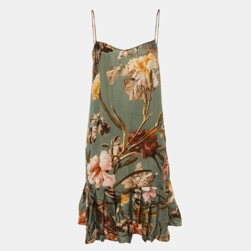 Off-White Green Floral Print Satin Flounced Slip Dress M - Off-White - Modalova