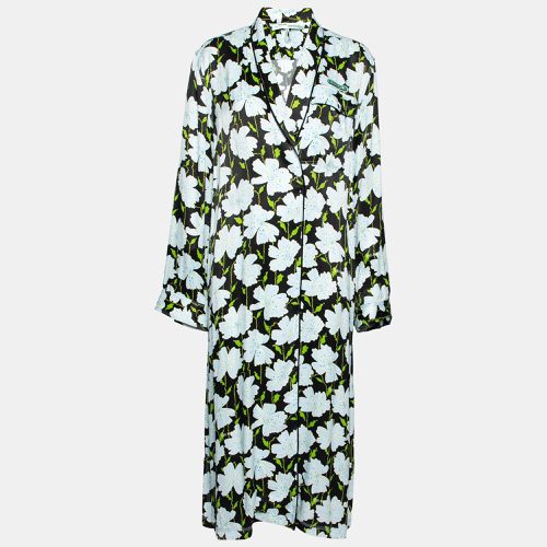 Off-White Blue Floral Printed Satin Open Front Lightweight Coat M - Off-White - Modalova