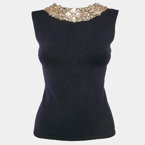 Oscar de la Renta Navy Blue Crystal Embellished Cashmere Knit Tank Top S - Oscar de la Renta - Modalova